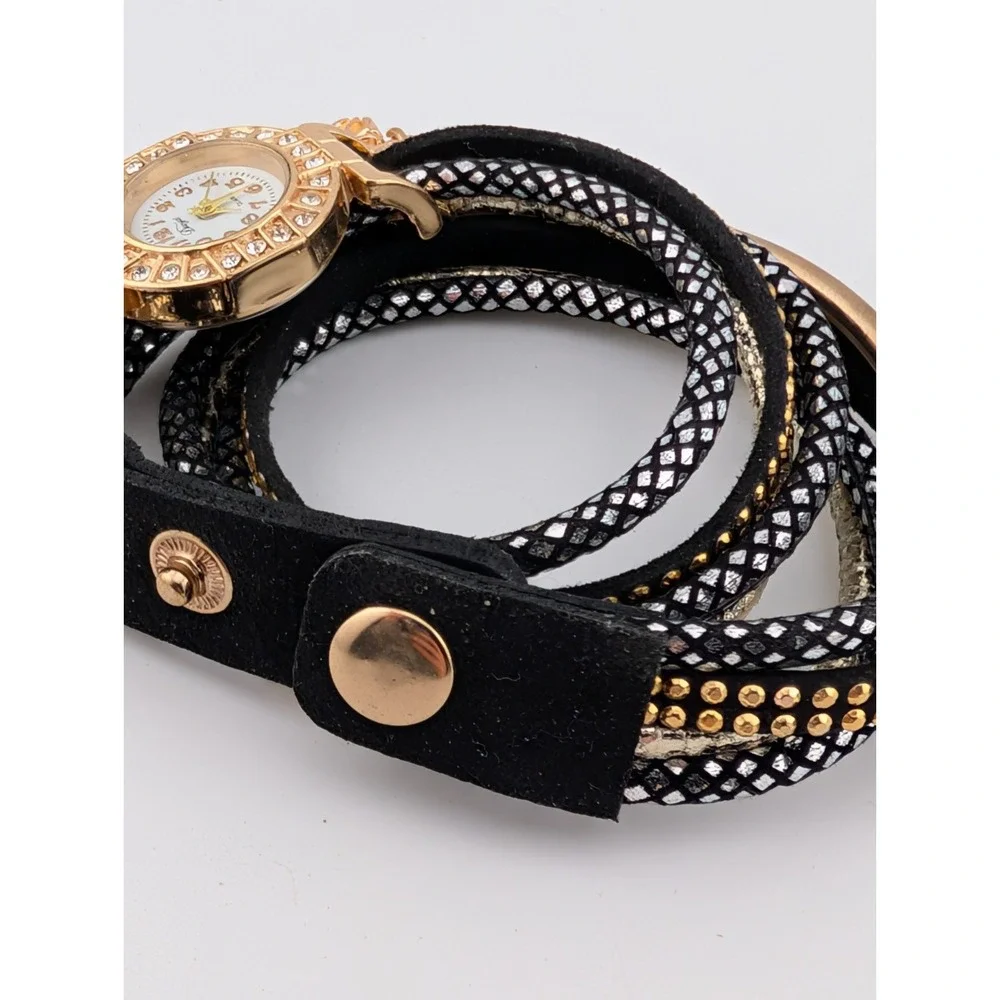 Duoya Wrap Watch Women 25mm Case Black/Gold Band Key Accent- New‎ Battery